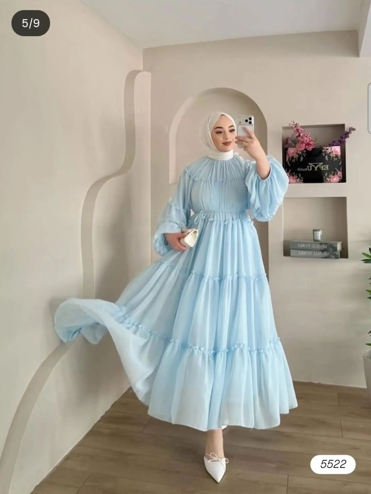 5522-24M- فستان شيفون -سمائي 5 - Thumbnail