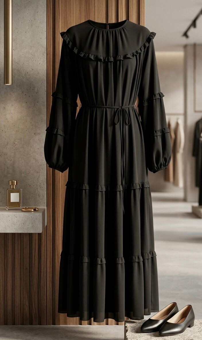 FOR YOU MODA - 5522-24M- فستان شيفون -اسود1