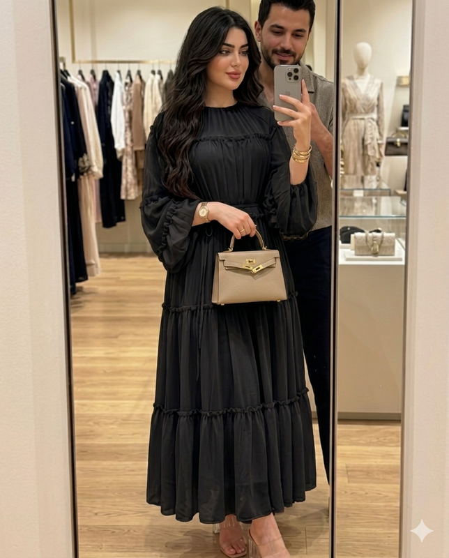FOR YOU MODA - 5522-24M- فستان شيفون -اسود1