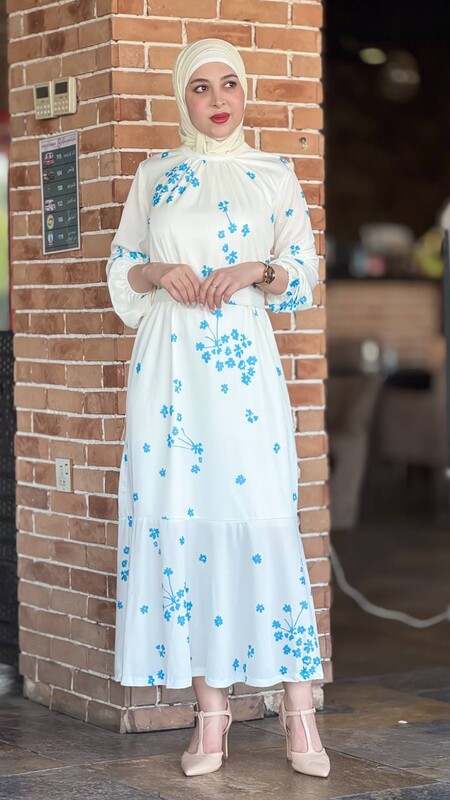 FOR YOU MODA - 5552-17M-1 فستان مع حزام - نقش ازرق