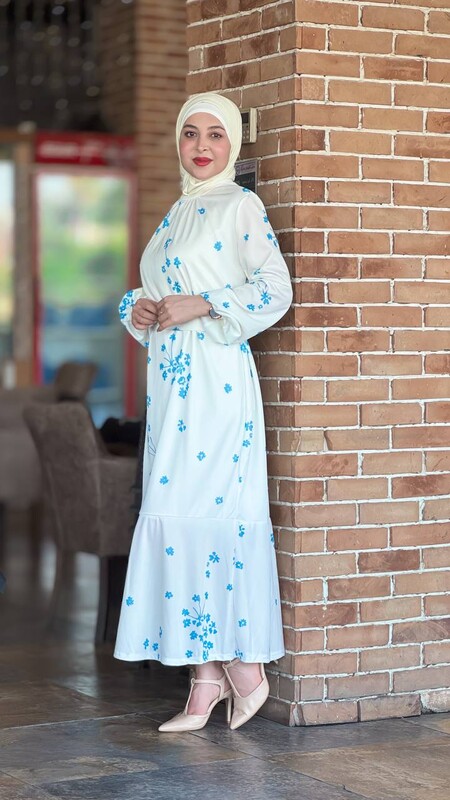 FOR YOU MODA - 5552-17M-1 فستان مع حزام - نقش ازرق (1)