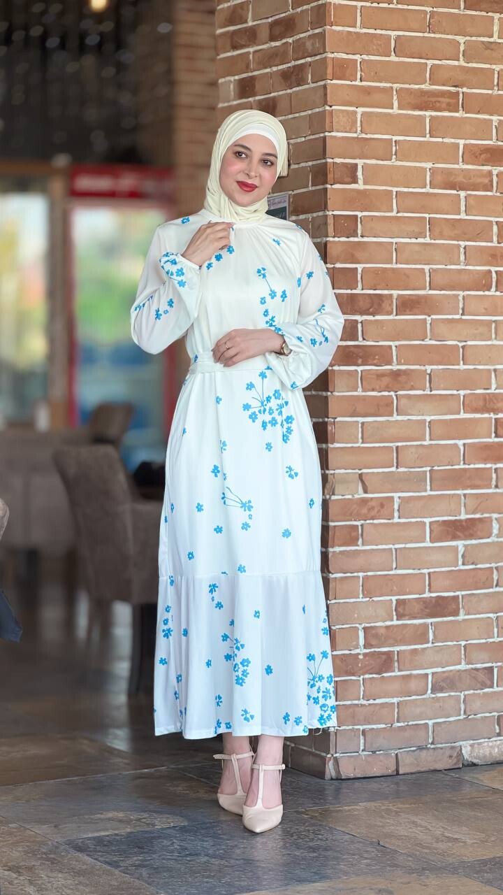 5552-17M-1 فستان مع حزام - نقش ازرق - Thumbnail
