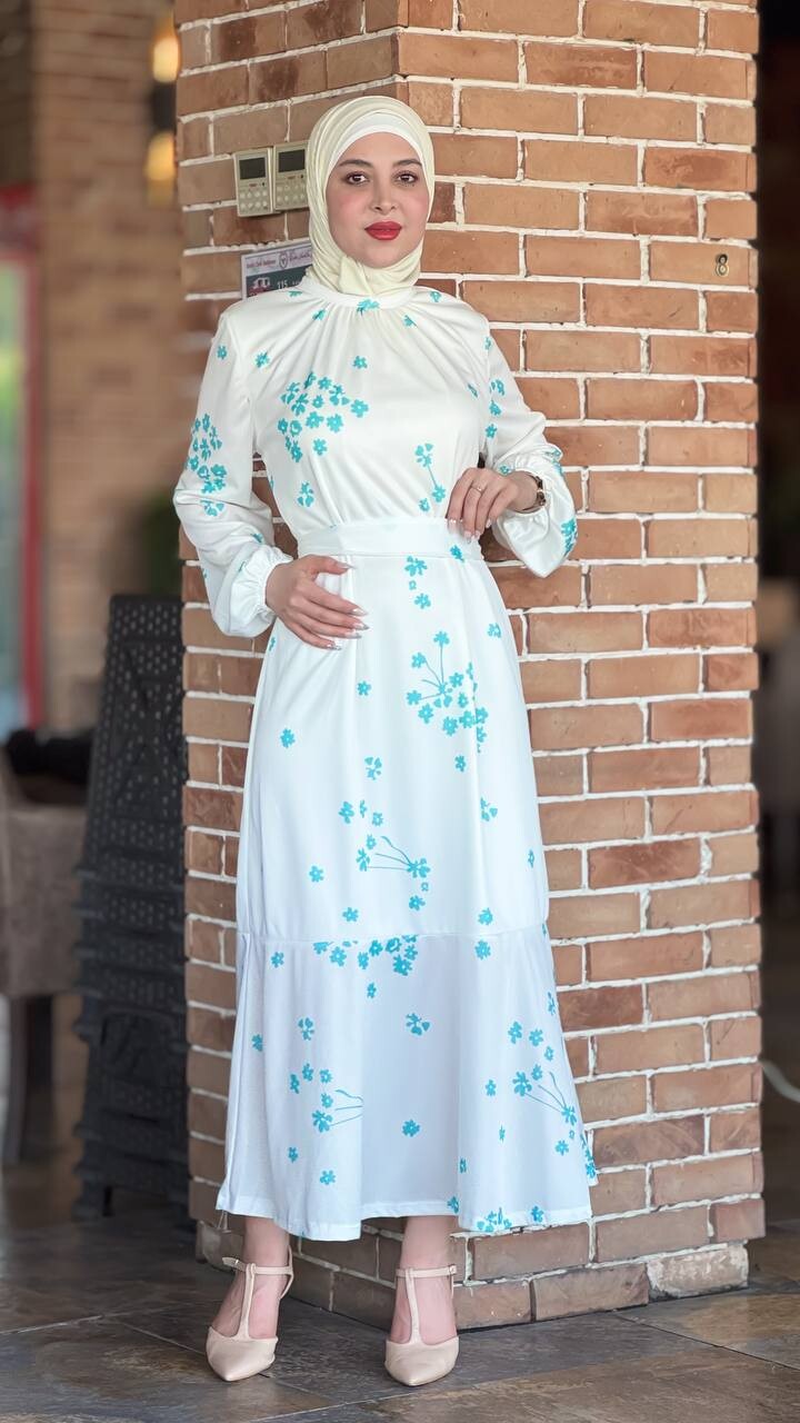 5552-17M-3 فستان مع حزام - نقش اخضر - Thumbnail