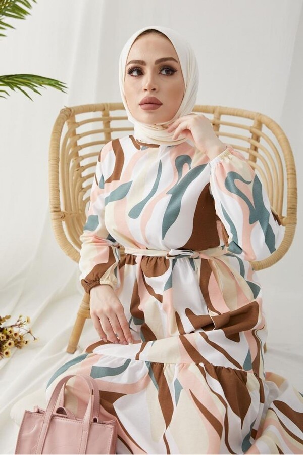 6044-45M-2 فستان سادة مع حزام - Thumbnail