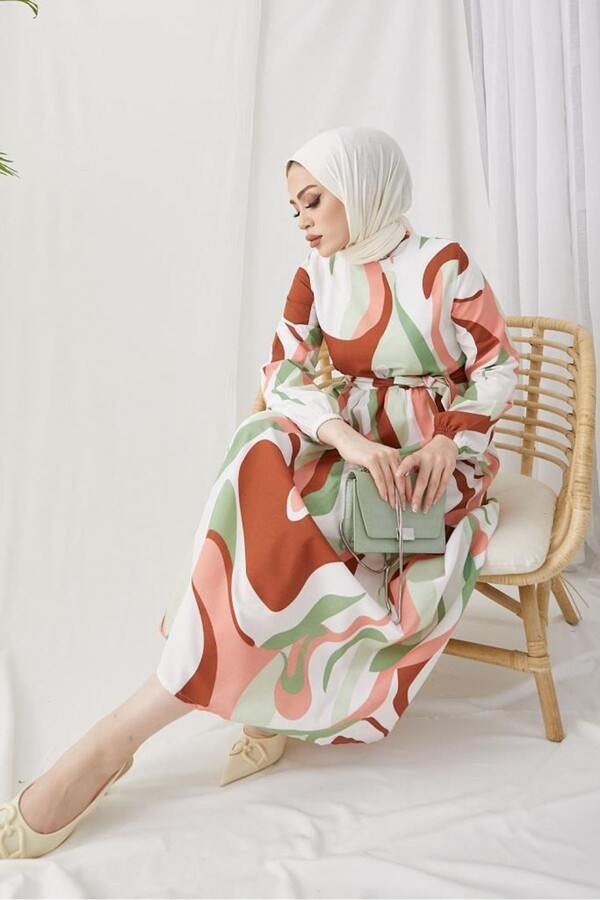 6044-45M-4 فستان سادة مع حزام - Thumbnail