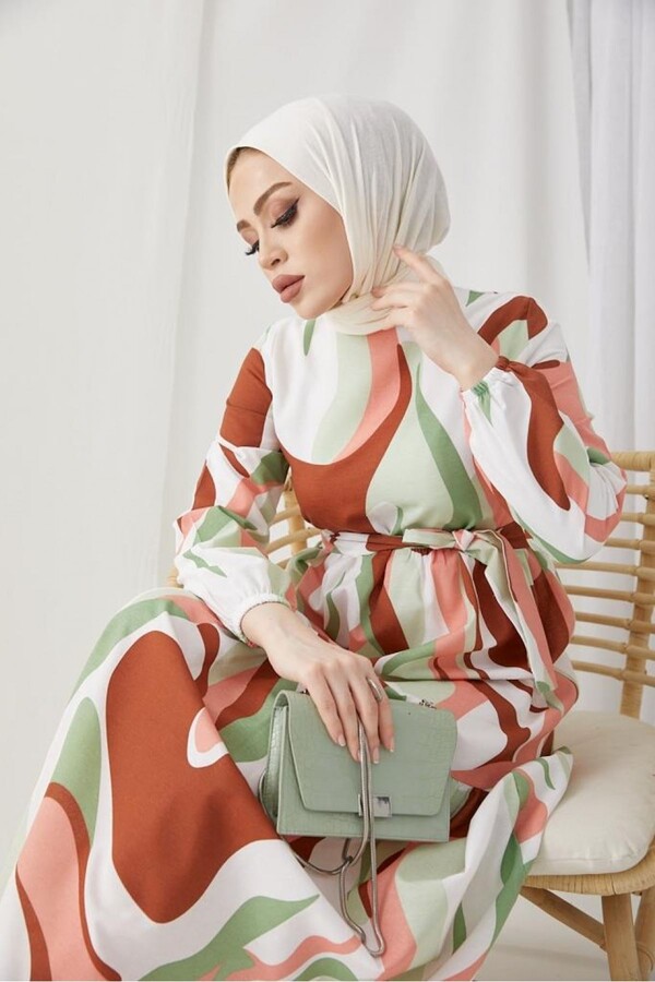 6044-45M-4 فستان سادة مع حزام - Thumbnail