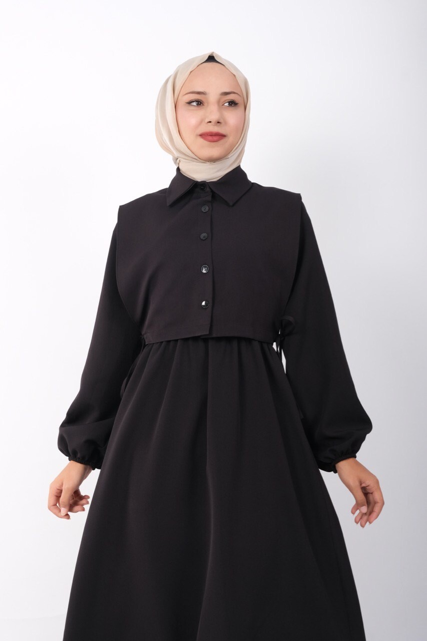 61473-69F-1 فستان لون - اسود - Thumbnail