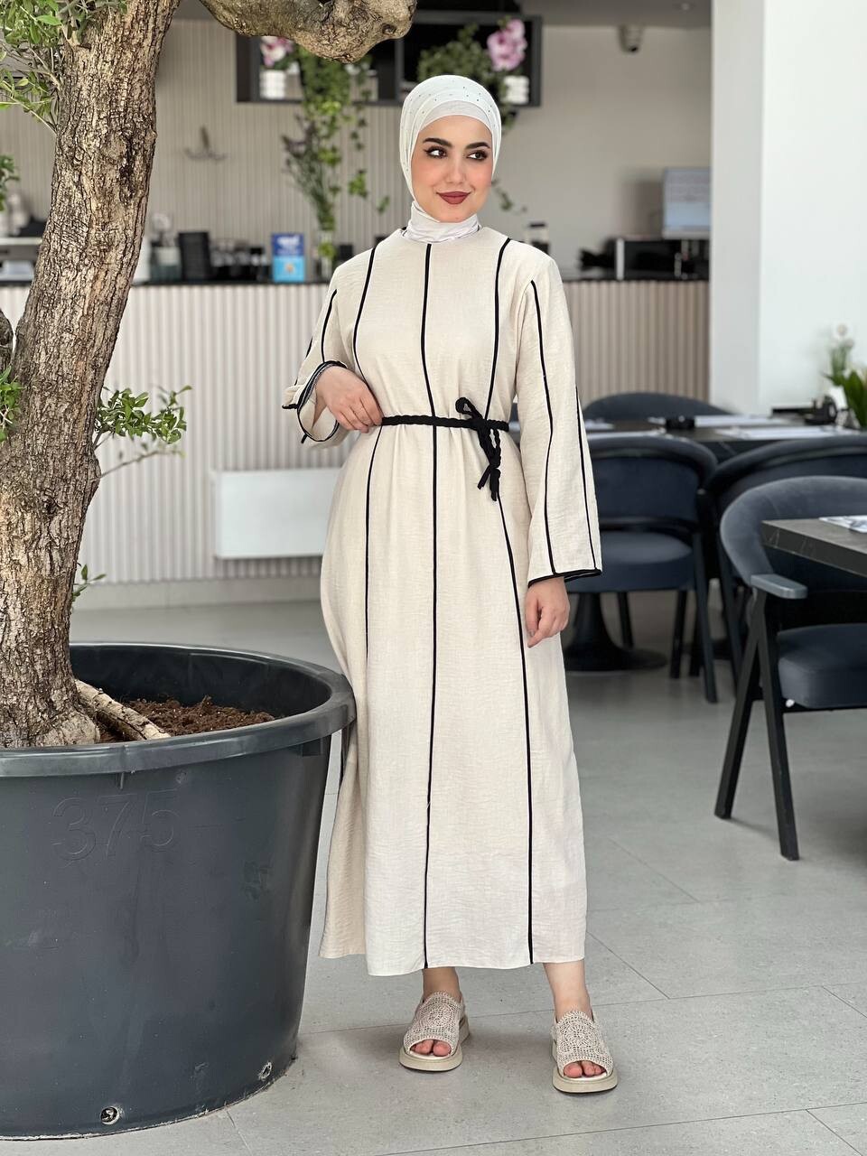 61495-21K-1 فستان - بيج - اسود - Thumbnail