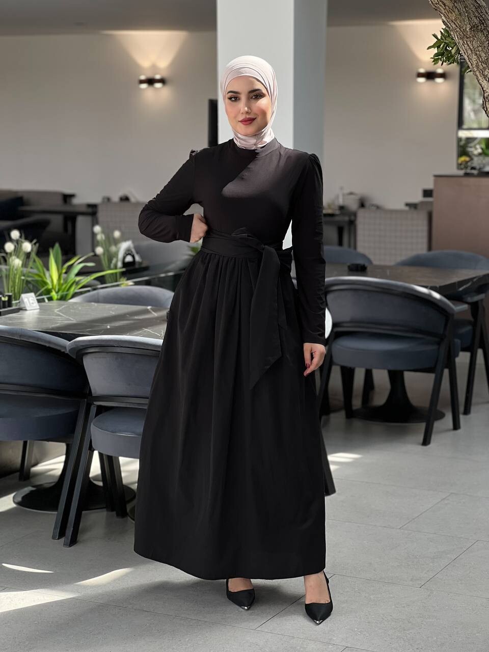 61564-25G-1 فستان لون - اسود - Thumbnail