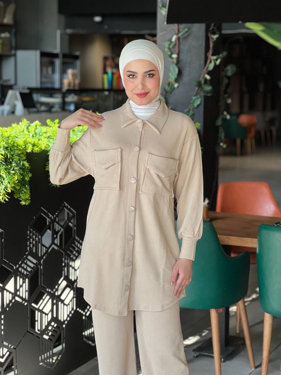 6199-93Y-5 طقم قطعتين سادة - بيج - Thumbnail