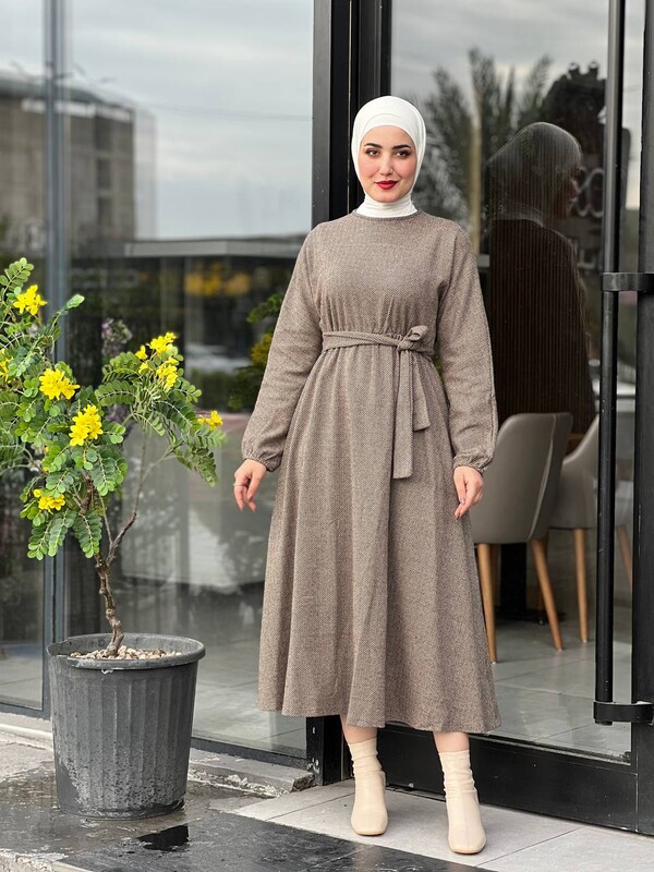 BENG - 6262-93H-6 فستان مع احزام - بيج