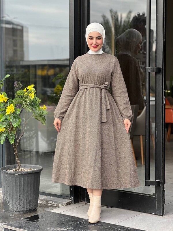 BENG - 6262-93H-6 فستان مع احزام - بيج (1)