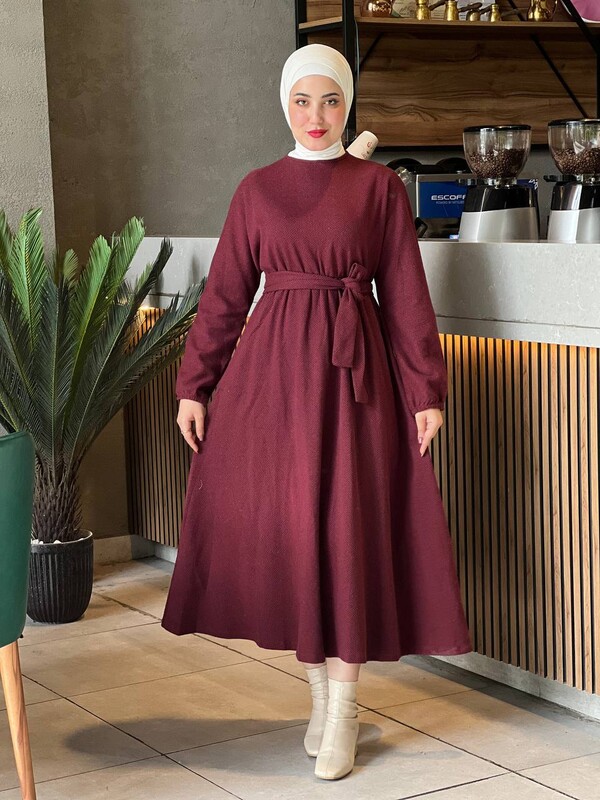 BENG - 6262-93H-2 فستان مع حزام - ماروني