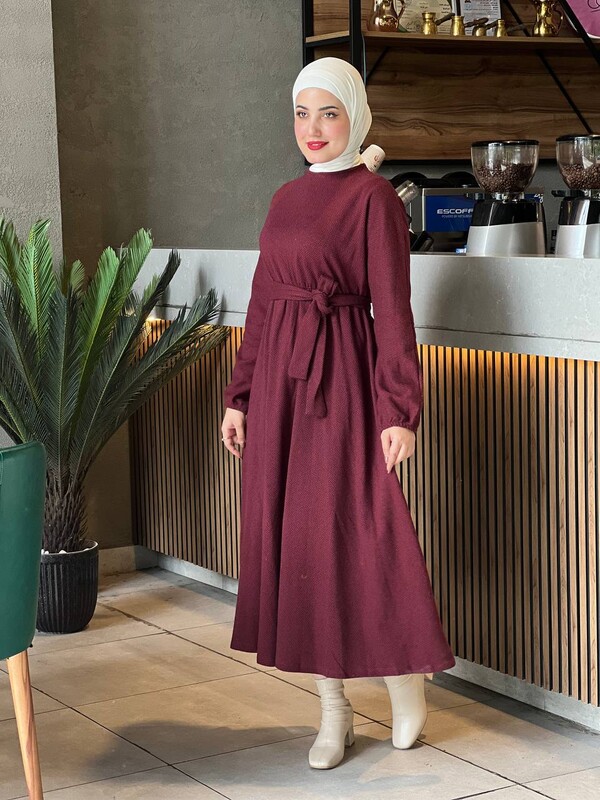 BENG - 6262-93H-2 فستان مع حزام - ماروني (1)