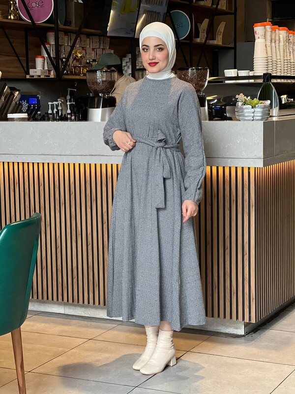 BENG - 6262-93H-5 فستان مع حزام - رصاصي (1)