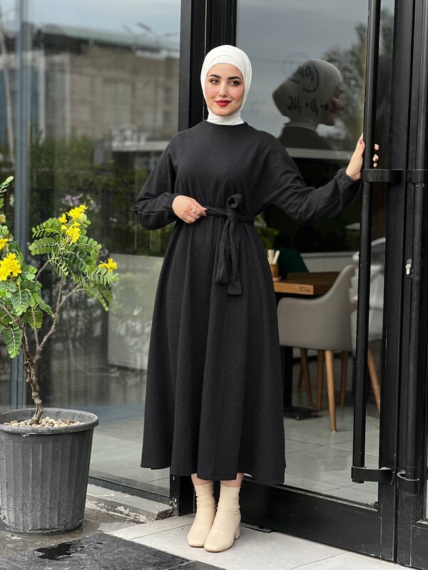 BENG - 6262-93H-1 فستان مع حزام - اسود (1)