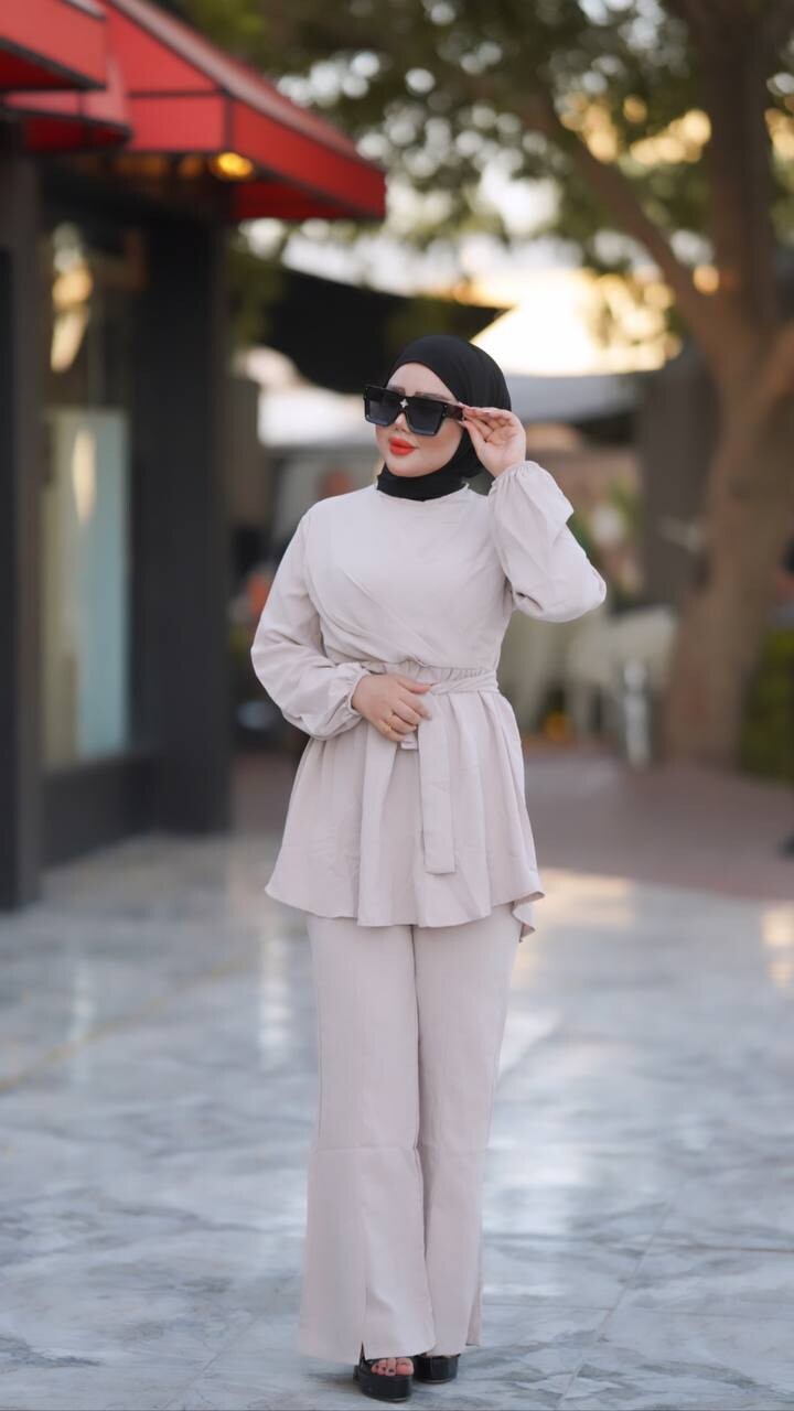 6336-12I-2 طقم قطعتين مع حزام - بيج - Thumbnail