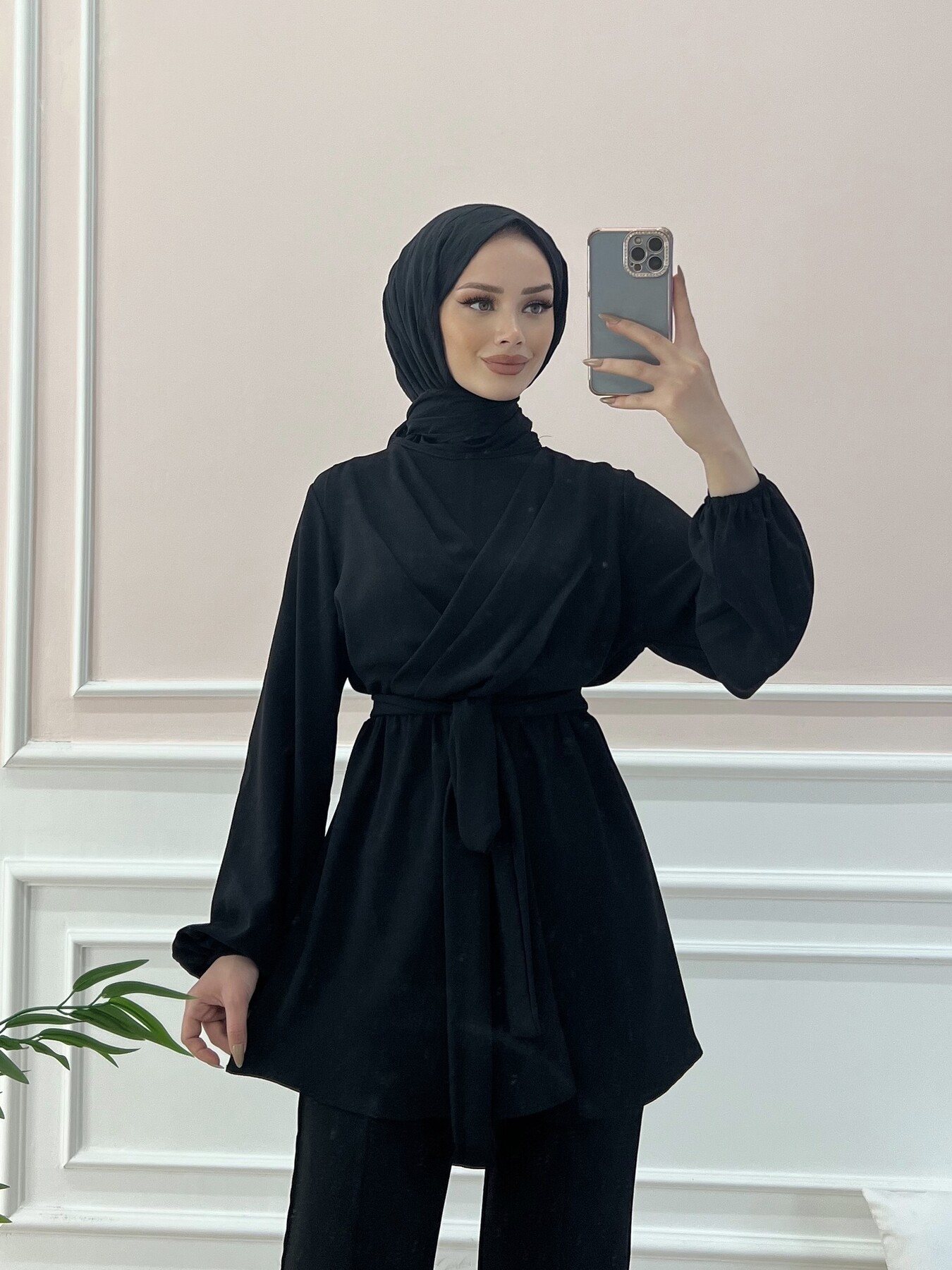 6336-12I-1 طقم قطعتين مع حزام - اسود - Thumbnail