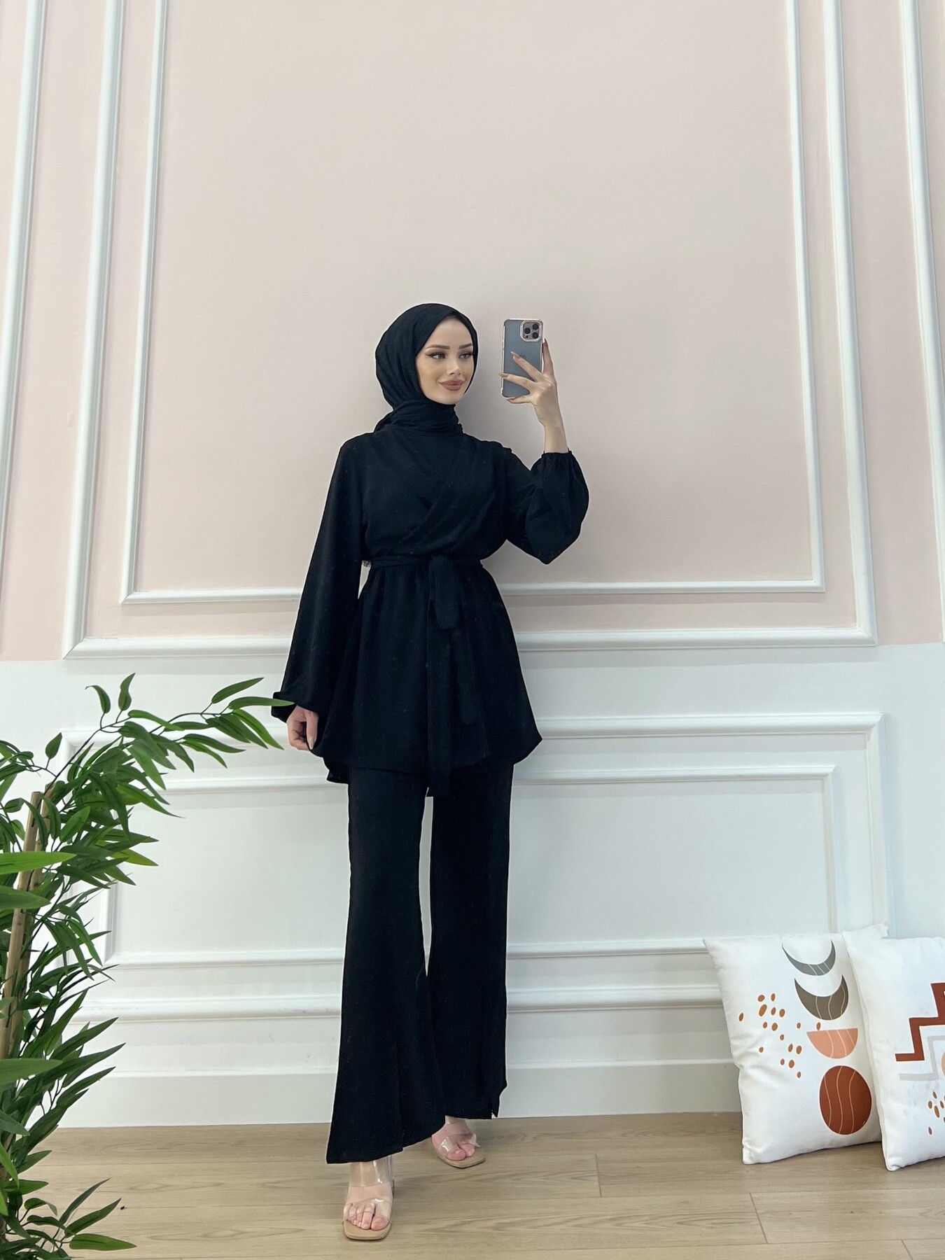 6336-12I-1 طقم قطعتين مع حزام - اسود - Thumbnail