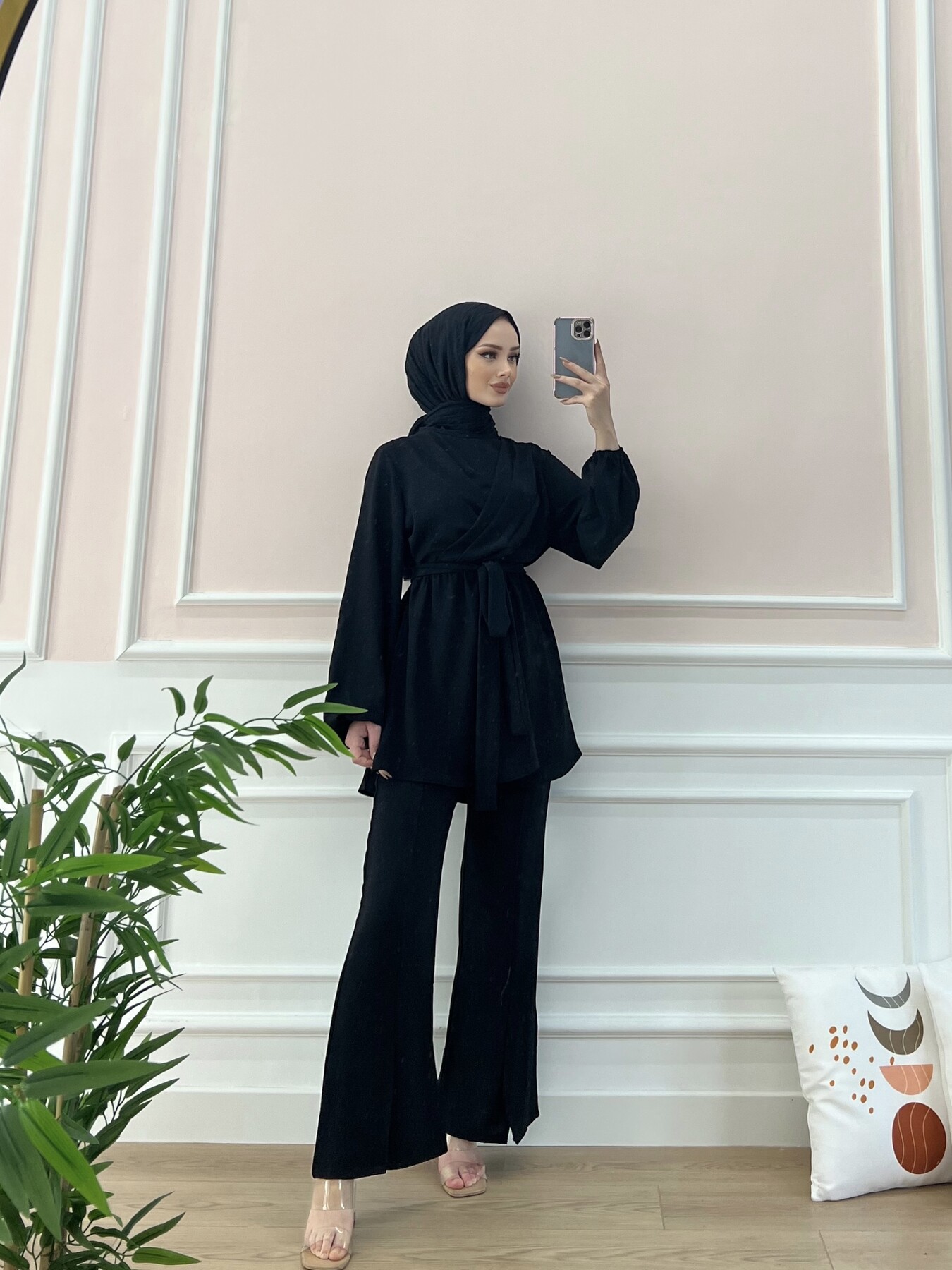 6336-12I-1 طقم قطعتين مع حزام - اسود - Thumbnail