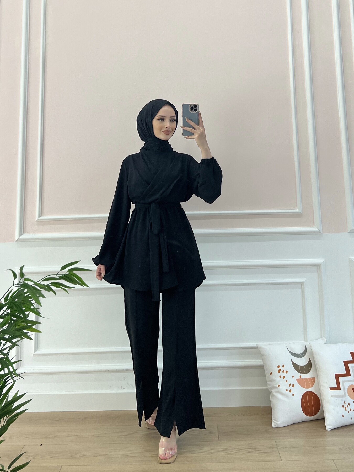 6336-12I-1 طقم قطعتين مع حزام - اسود - Thumbnail