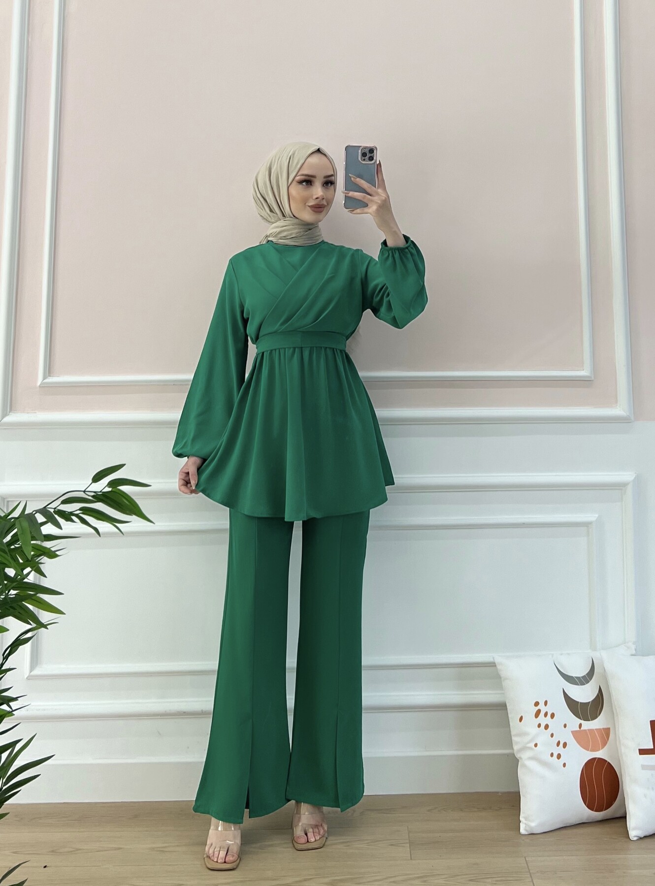 6336-12I-3 طقم قطعتين مع حزام - اخضر - Thumbnail