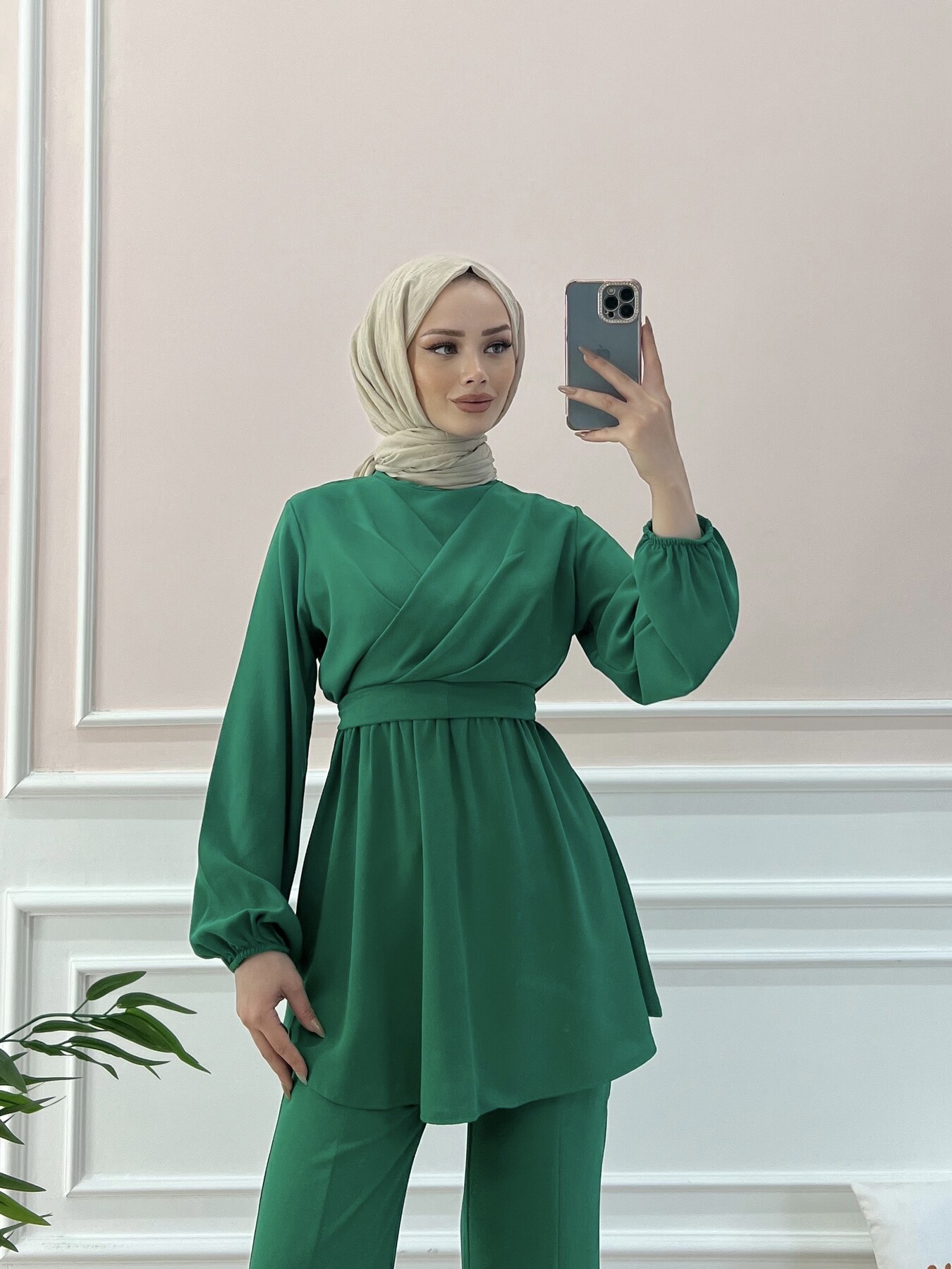 6336-12I-3 طقم قطعتين مع حزام - اخضر - Thumbnail
