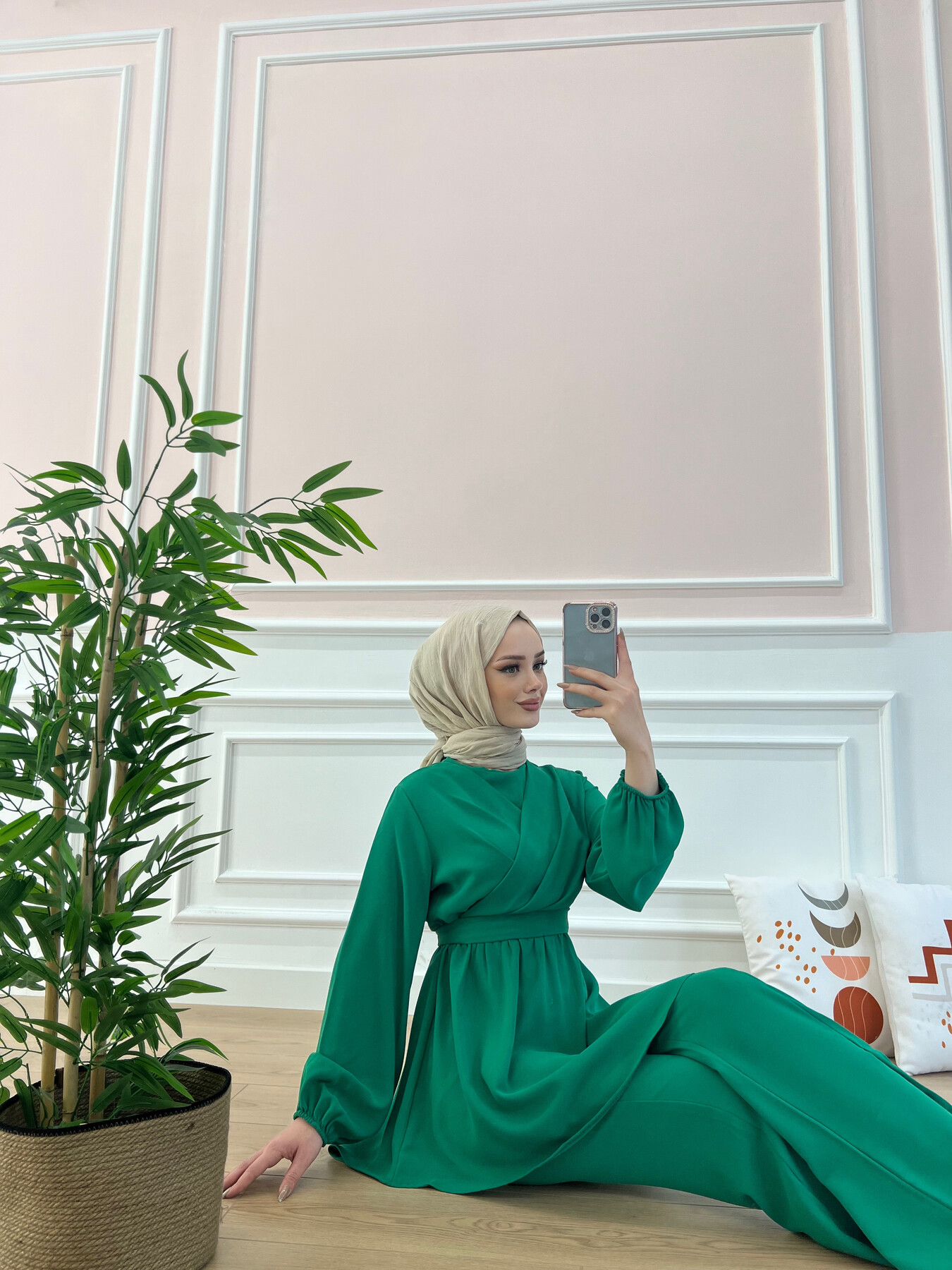 6336-12I-3 طقم قطعتين مع حزام - اخضر - Thumbnail