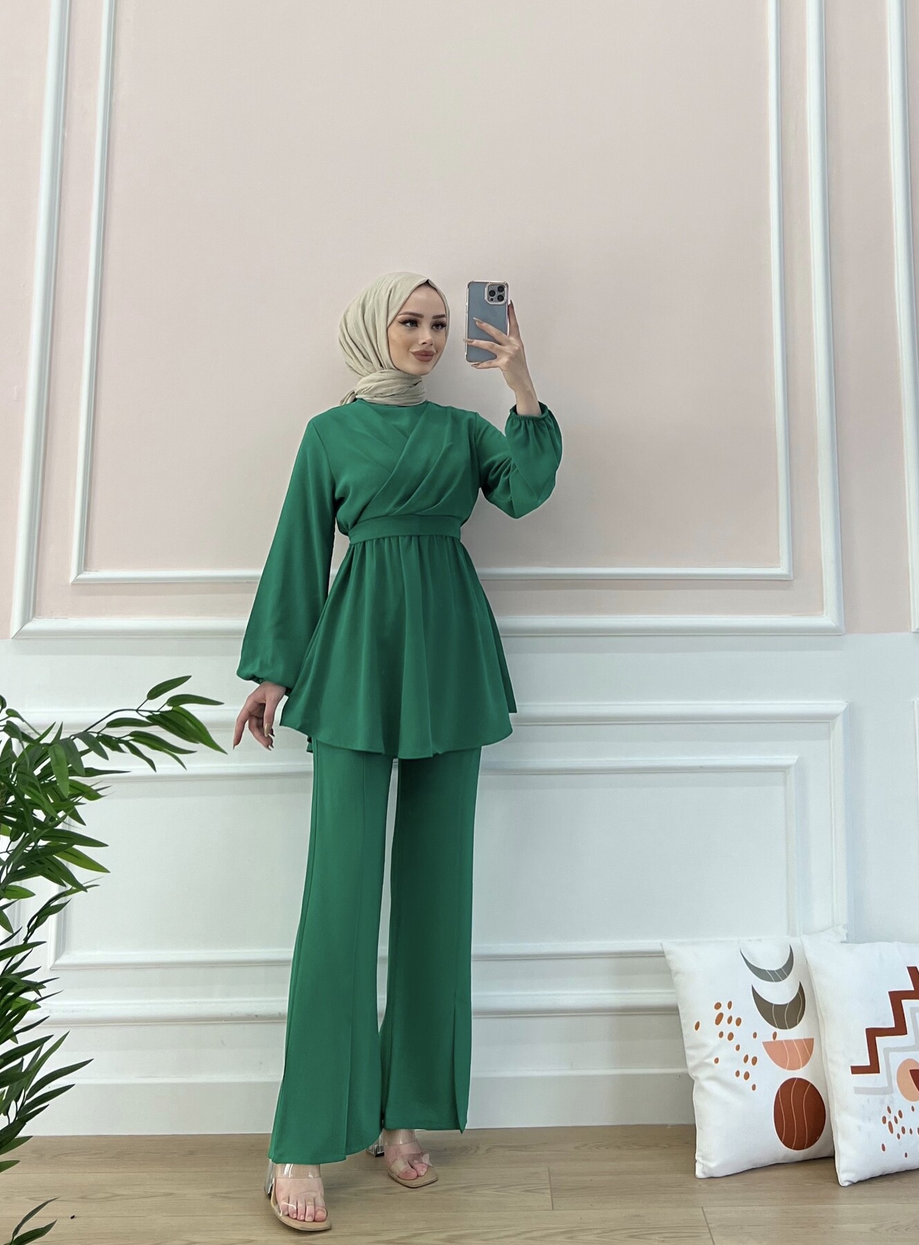 6336-12I-3 طقم قطعتين مع حزام - اخضر - Thumbnail