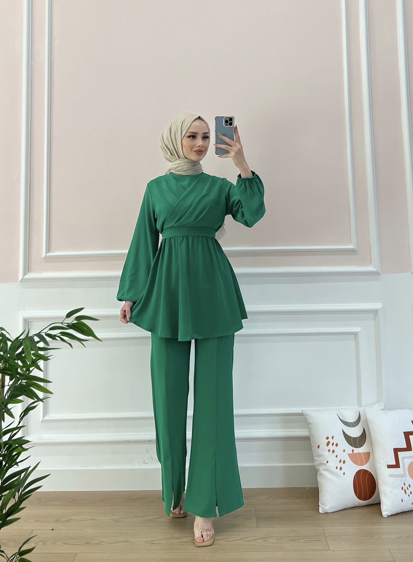 6336-12I-3 طقم قطعتين مع حزام - اخضر - Thumbnail