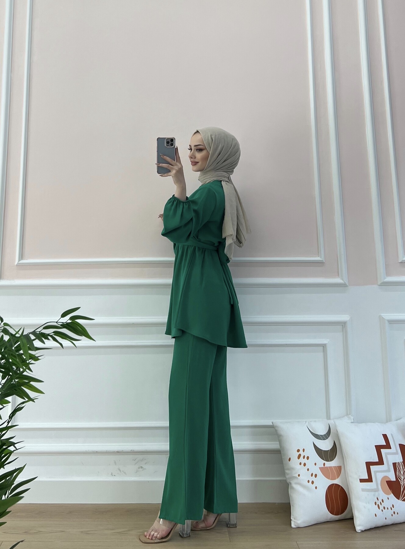 6336-12I-3 طقم قطعتين مع حزام - اخضر - Thumbnail
