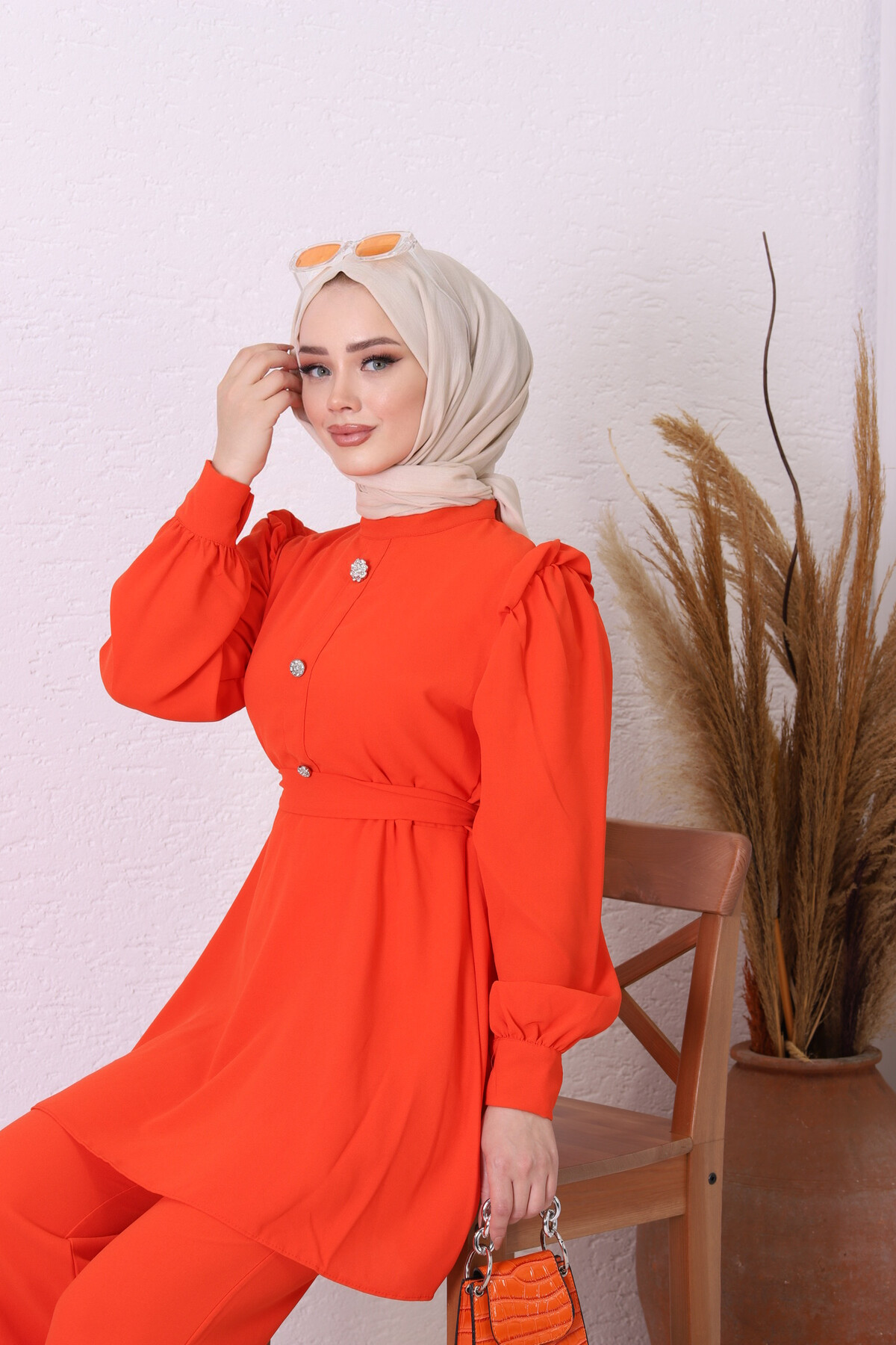 7628-43M-4 طقم قطعتين مع حزام - برتقالي - Thumbnail