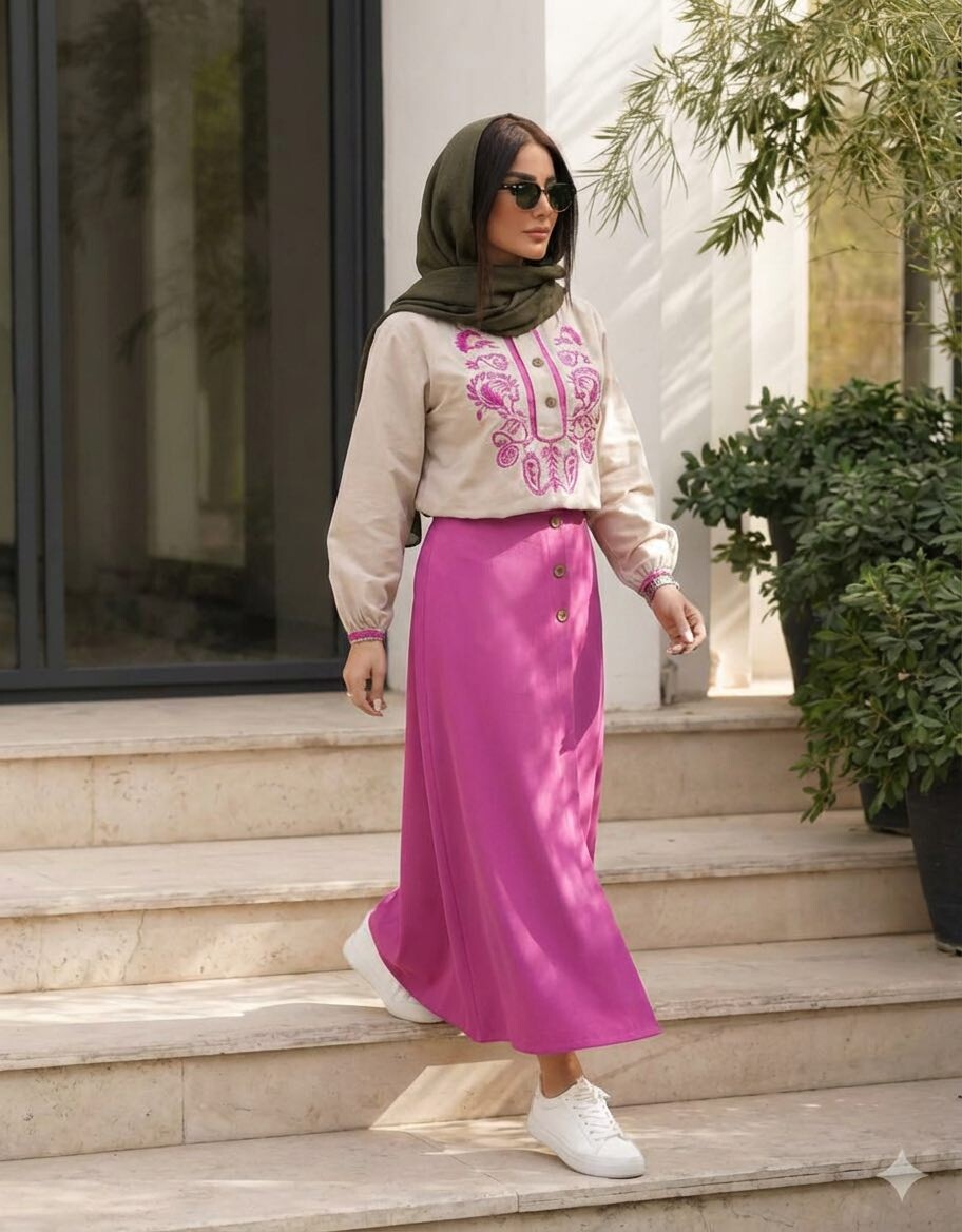 FOR YOU MODA - 7654-33L-3 سوت تنوره- وردي