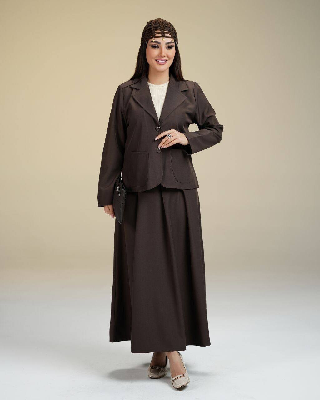 FOR YOU MODA - 7656-37O-3 سوت تنوره -جوزي غامق 