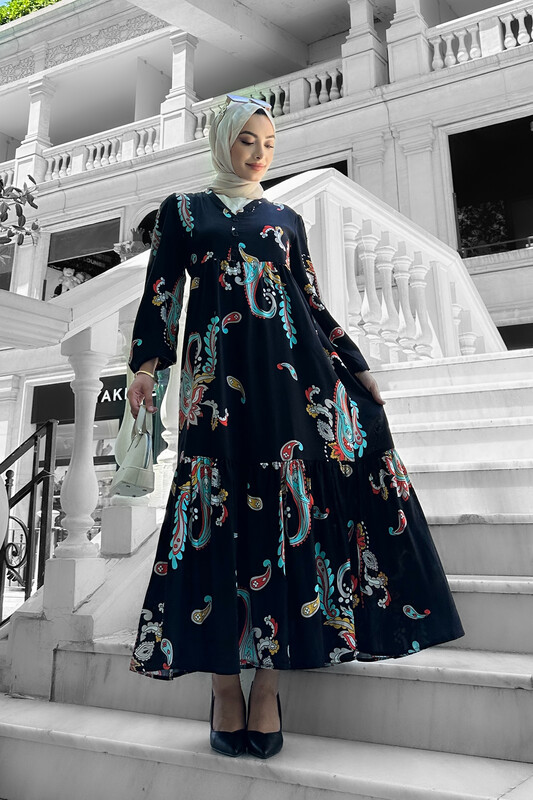 UMS - 7775-1B-7 فستان اسود وفيروزي 