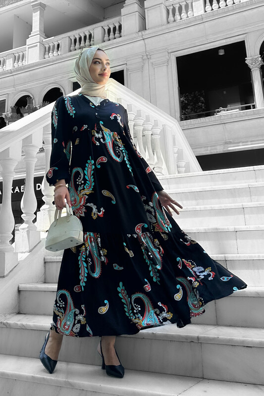 UMS - 7775-1B-7 فستان اسود وفيروزي (1)