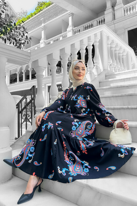 UMS - 7775-1B-8 فستان اسود مع الوان صيفية (1)