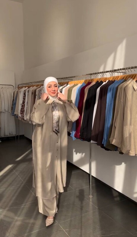 FOR YOU MODA - 7854-16I-سوت بنطرون قميص طويل مع سكارف -بيج2