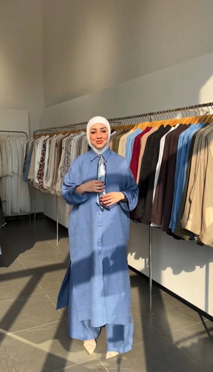 FOR YOU MODA - 7854-16I- سوت بنطرون قميص طويل مع سكارف - ازرق3