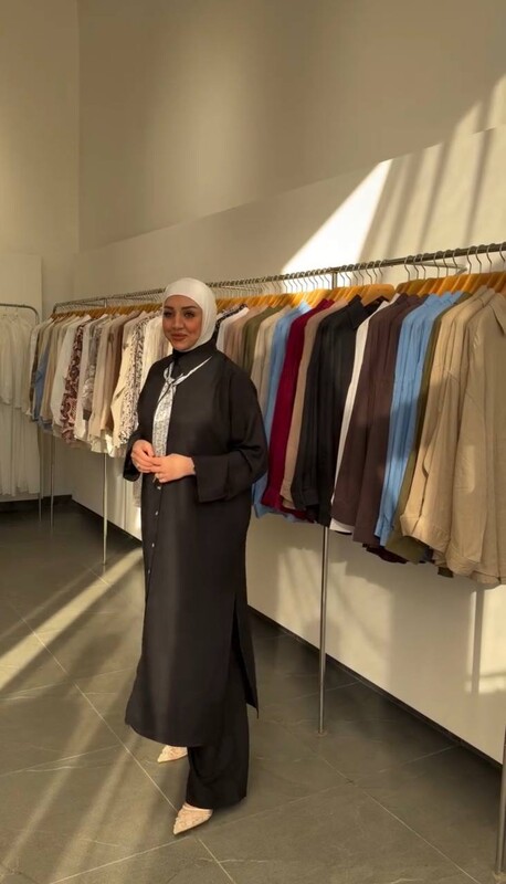 FOR YOU MODA - 7854-16I-1 سوت بنطرون قميص طويل مع اسكارف- اسود