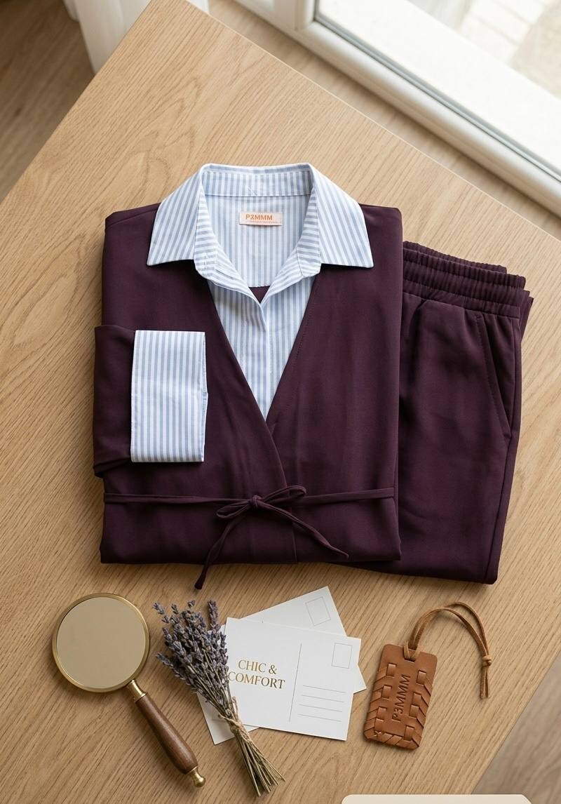 FOR YOU MODA - 7856-20I-4 سوت ينطرون قميص متصل -ماروني