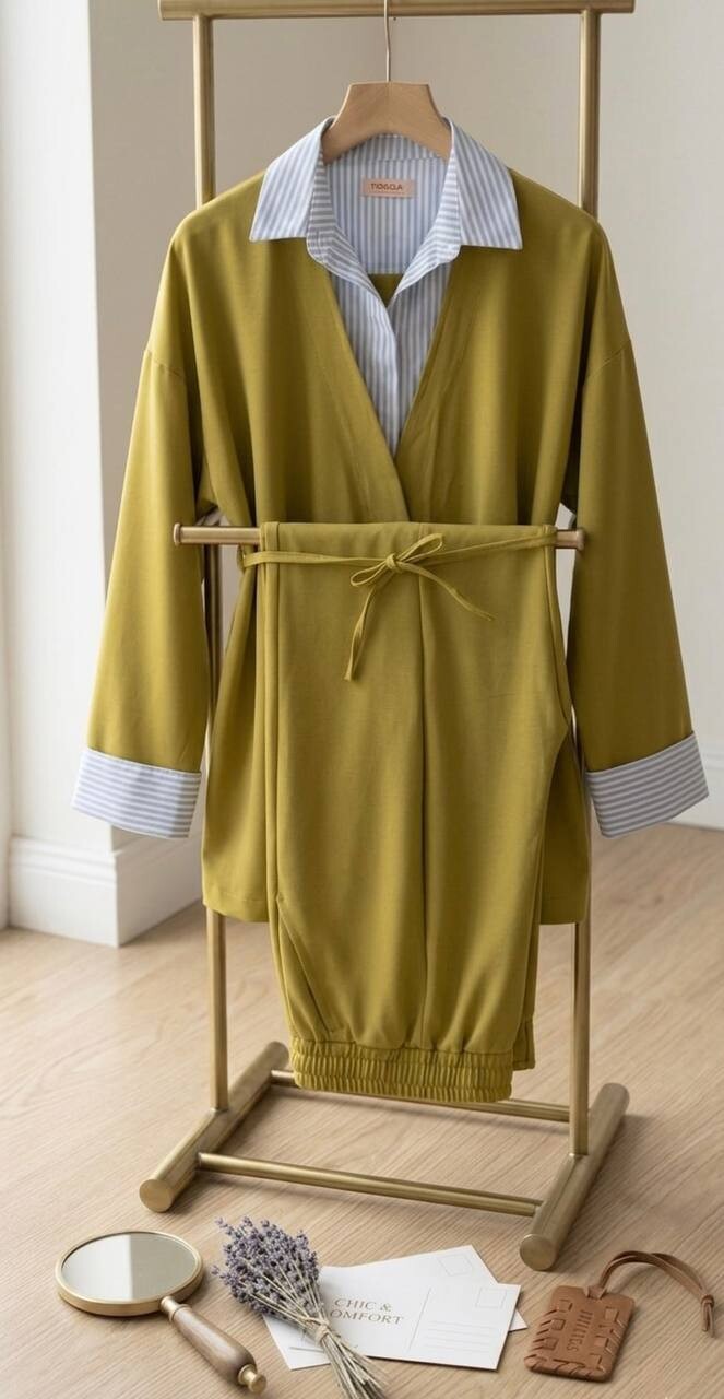 FOR YOU MODA - 7856-20I-5 سوت ينطرون قميص متصل -فستقي