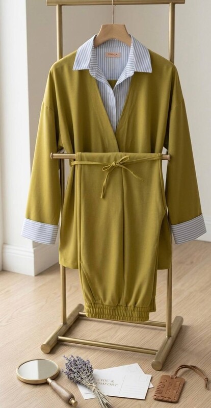 FOR YOU MODA - 7856-20I-5 سوت ينطرون قميص متصل -فستقي