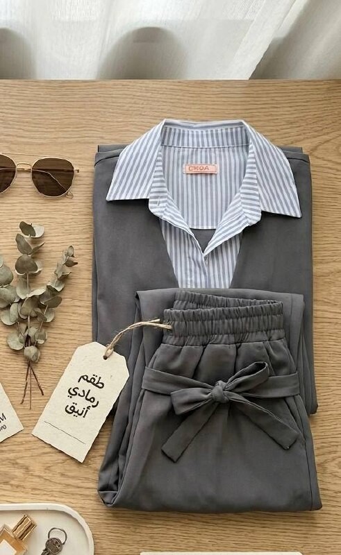 FOR YOU MODA - 7856-20I-3 سوت ينطرون قميص متصل - رصاصي