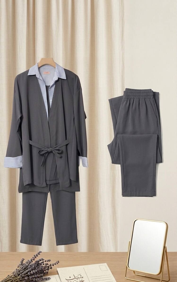 FOR YOU MODA - 7856-20I-3 سوت ينطرون قميص متصل - رصاصي (1)