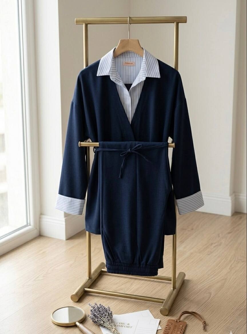 FOR YOU MODA - 7856-20I-6 سوت ينطرون قميص متصل -نيلي