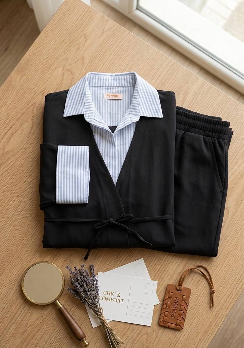 FOR YOU MODA - 7856-20I- سوت ينطرون قميص متصل - اسود 1