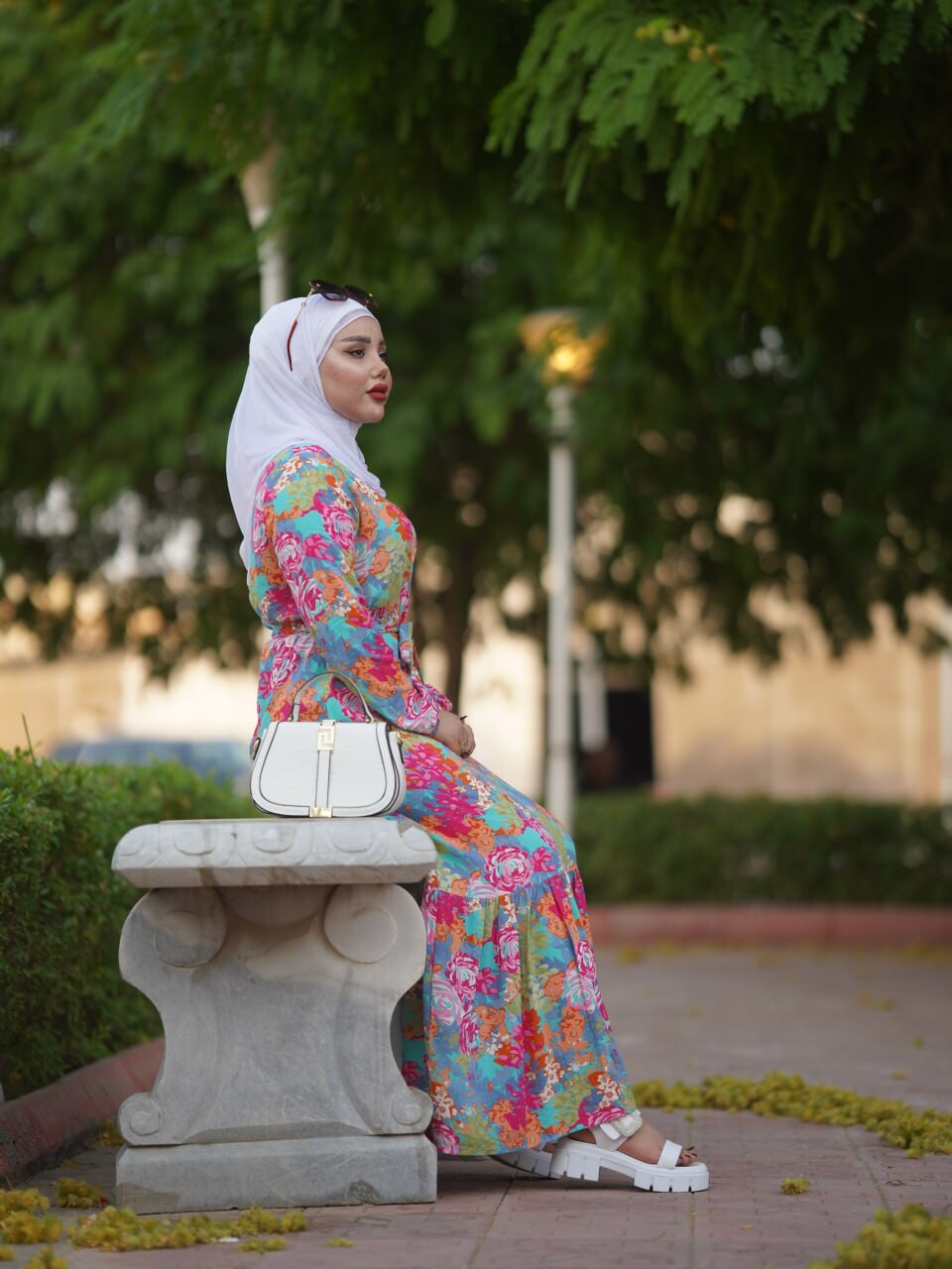 8289-16I-1 فستان مع حزام - نقش الوان - Thumbnail