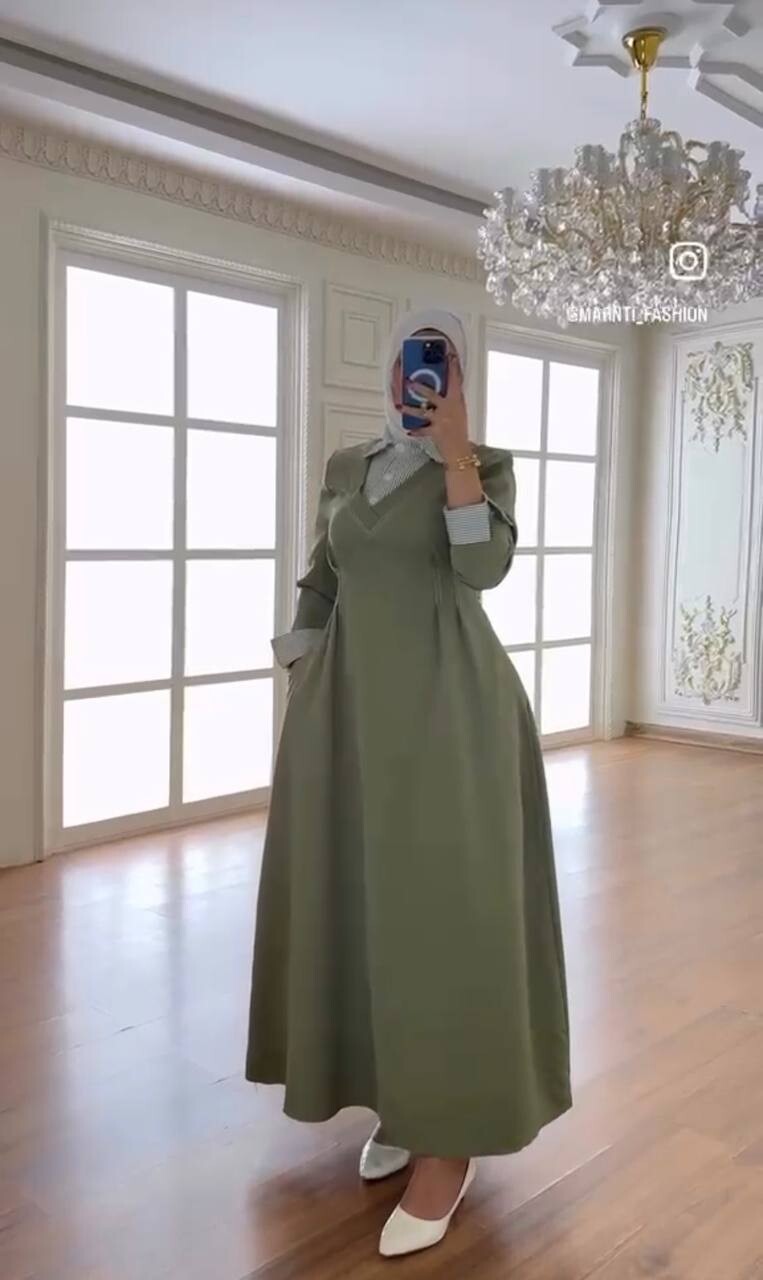 FOR YOU MODA - 8322-17G- فستان مخطط- فستقي5