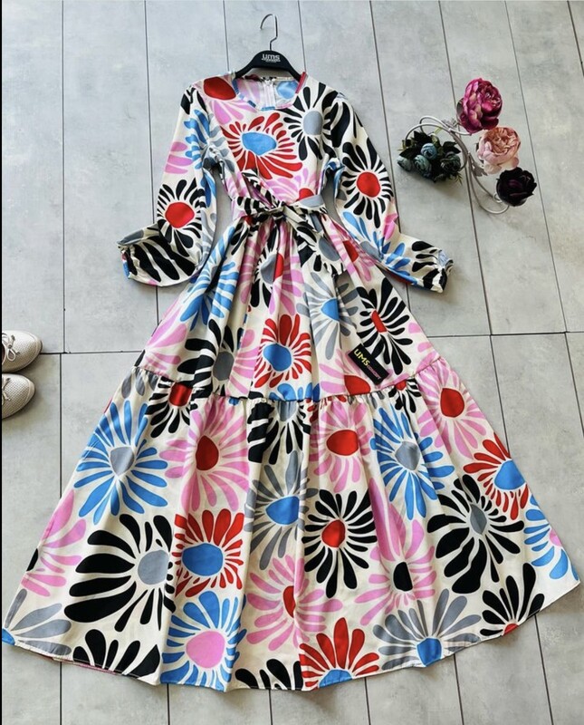 UMS - 8594-51M-2 فستان مع حزام - نقش وردي